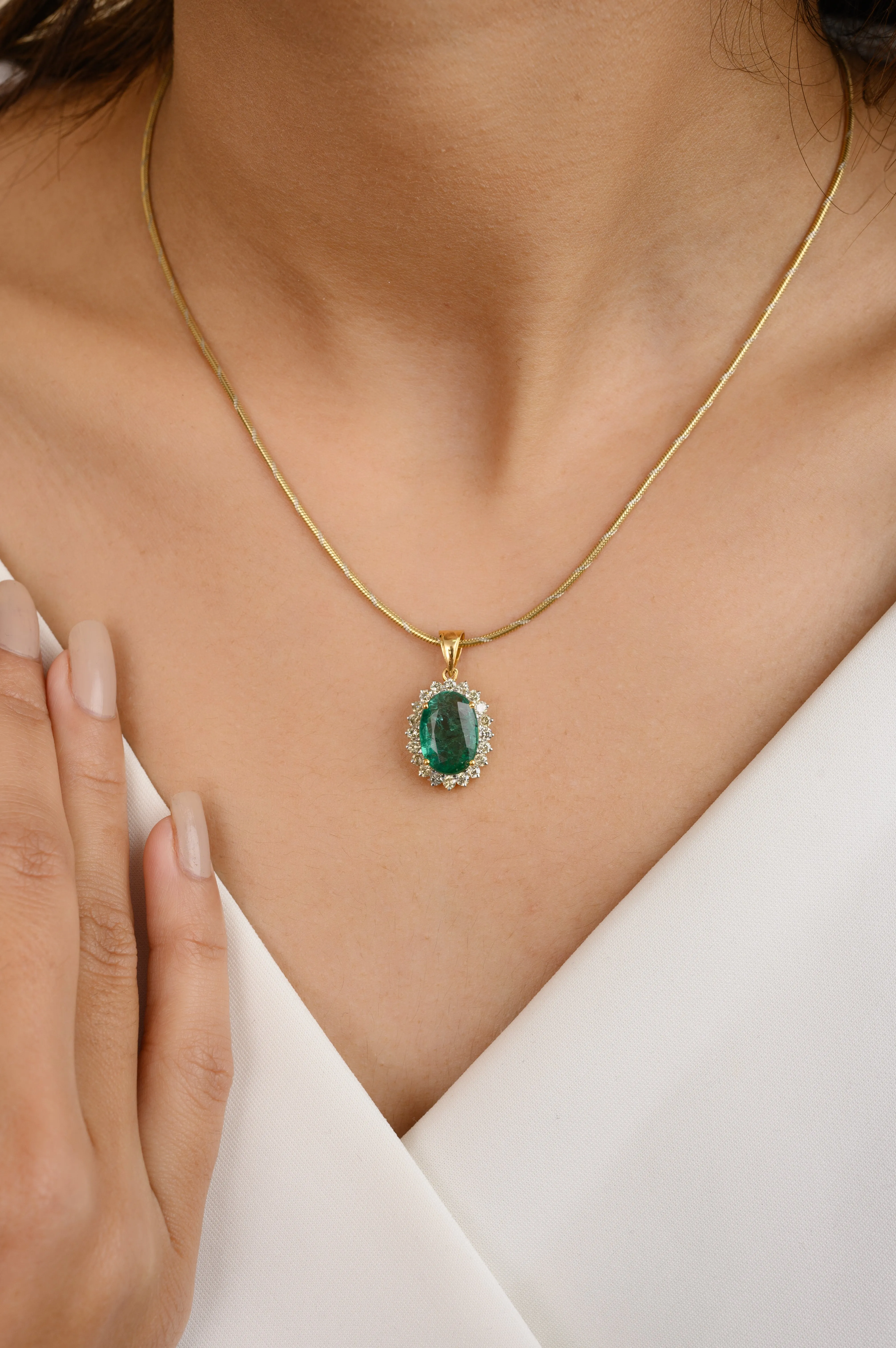 14K Gold Emerald Halo Diamond Pendant