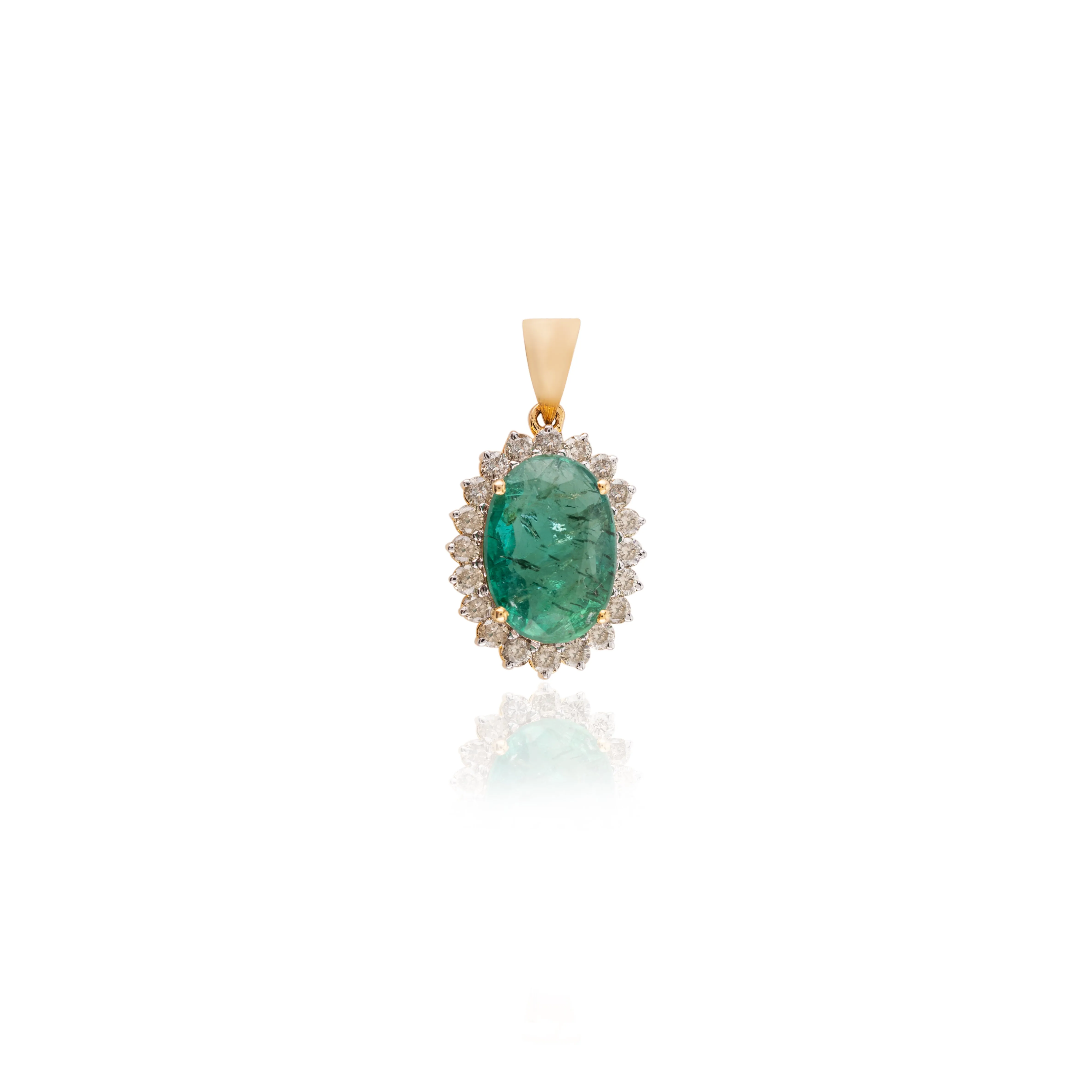 14K Gold Emerald Halo Diamond Pendant