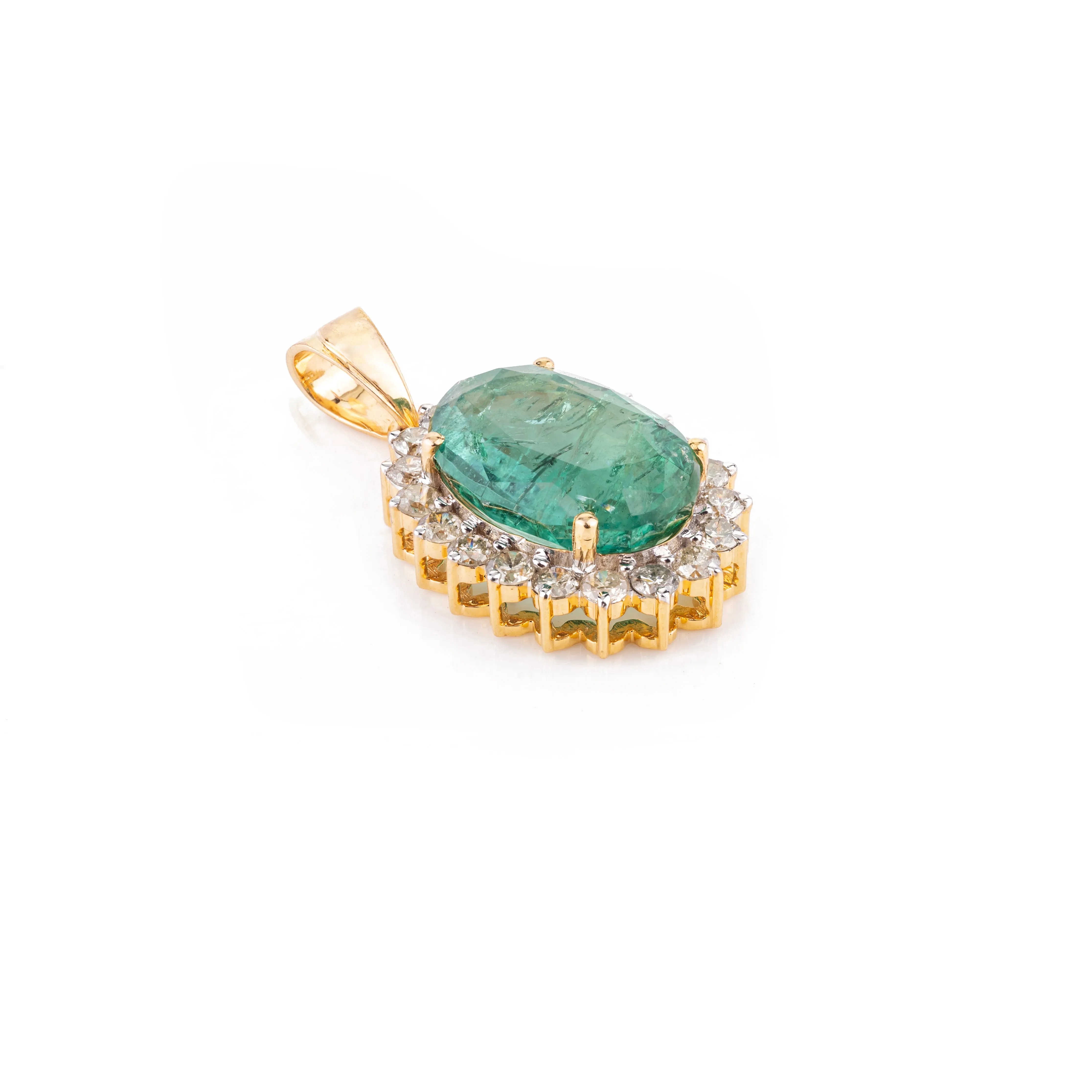 14K Gold Emerald Halo Diamond Pendant