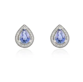 14K Pear Cut Blue Sapphire Halo Diamond Studs