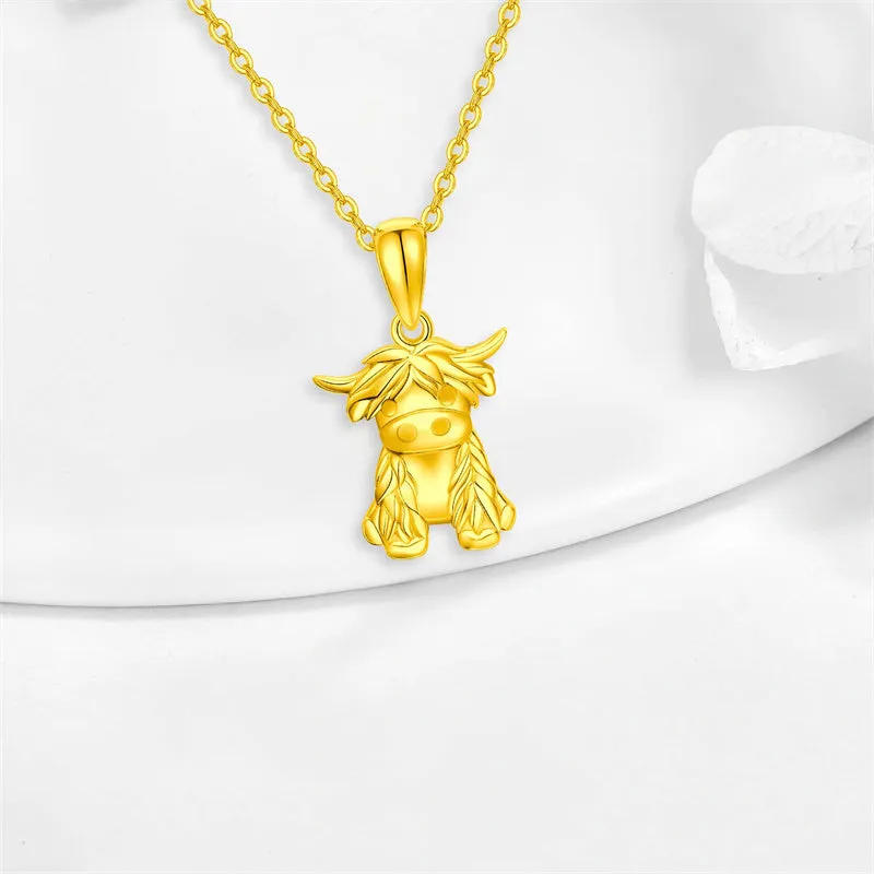 14K Solid Gold Highland Cow Necklace Cow Pendant Gifts for Women Girls