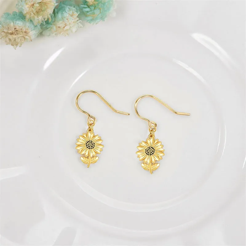 14k Solid Yellow Gold Sunflower Earrings For Women Dainty Simple Jewelry Gifts For Girls Her