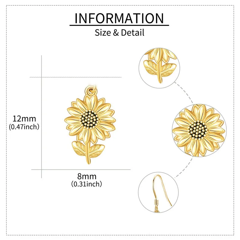 14k Solid Yellow Gold Sunflower Earrings For Women Dainty Simple Jewelry Gifts For Girls Her