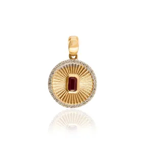 18K Centered Ruby Halo Diamond Striped Medallion Coin Pendant