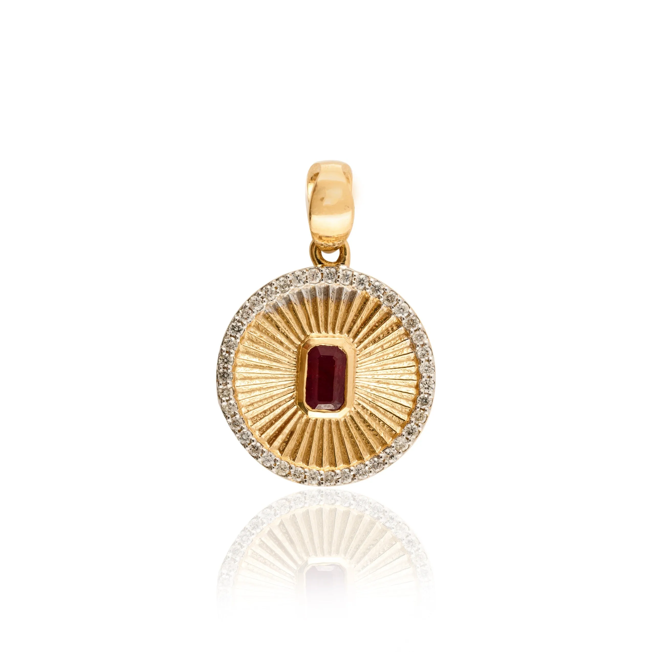 18K Centered Ruby Halo Diamond Striped Medallion Coin Pendant