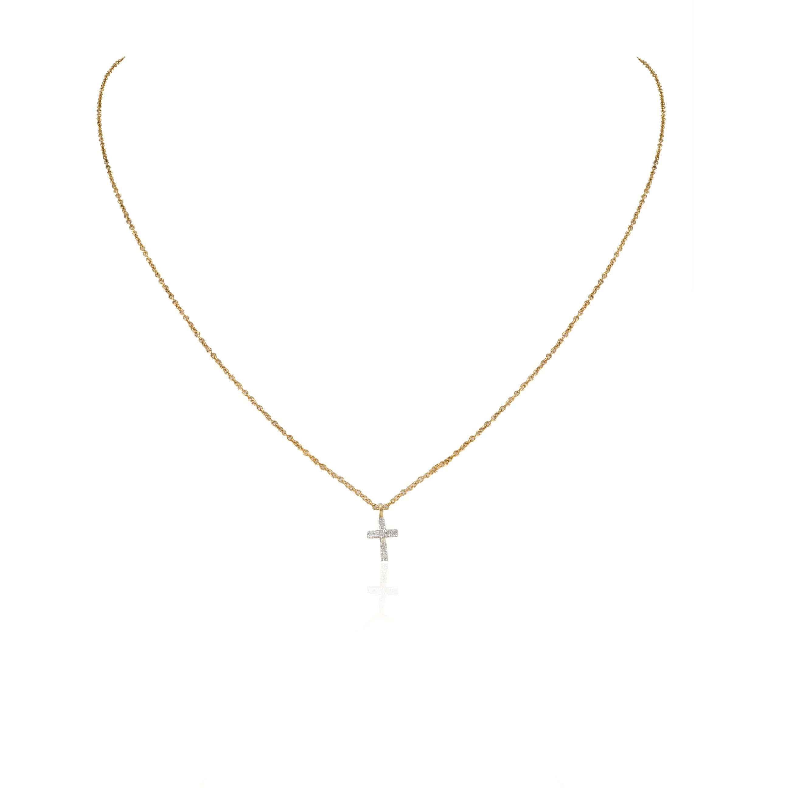 18K Gold Diamond Studded Tiny Cross Necklace