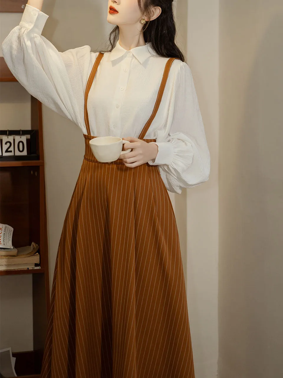 2PS White Long Sleeve Blouse And Yellow Stripe  Pockets Swing Skirt Dress Set