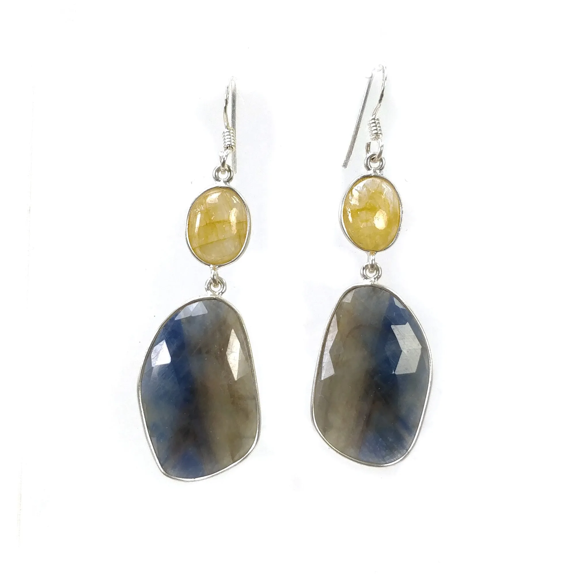 925 Sterling Silver MULTI & BLUE SAPPHIRE Gemstone Earrings : 9.17gms Natural Bezel Set Drop Dangle Hook Earrings 2.35"