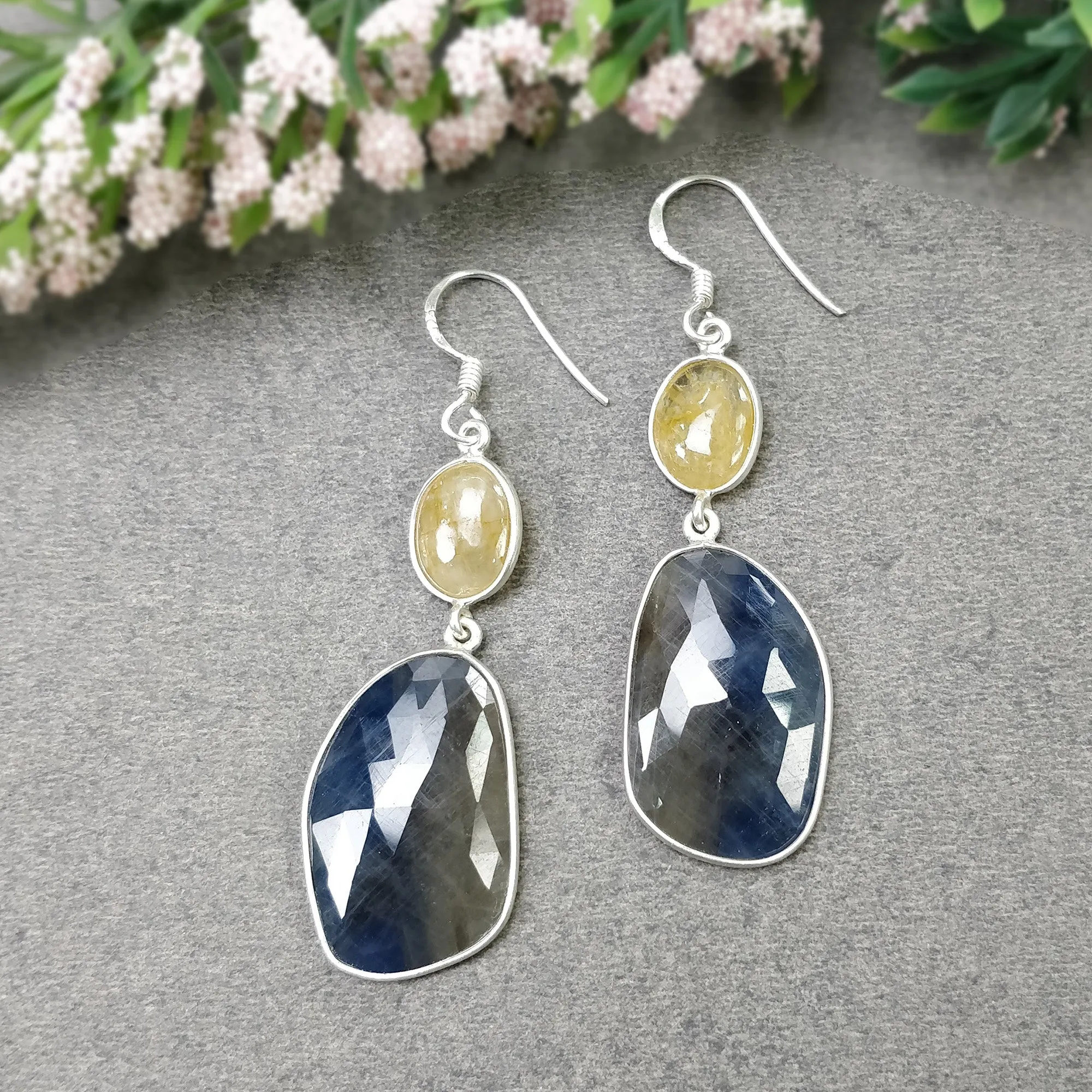 925 Sterling Silver MULTI & BLUE SAPPHIRE Gemstone Earrings : 9.17gms Natural Bezel Set Drop Dangle Hook Earrings 2.35"