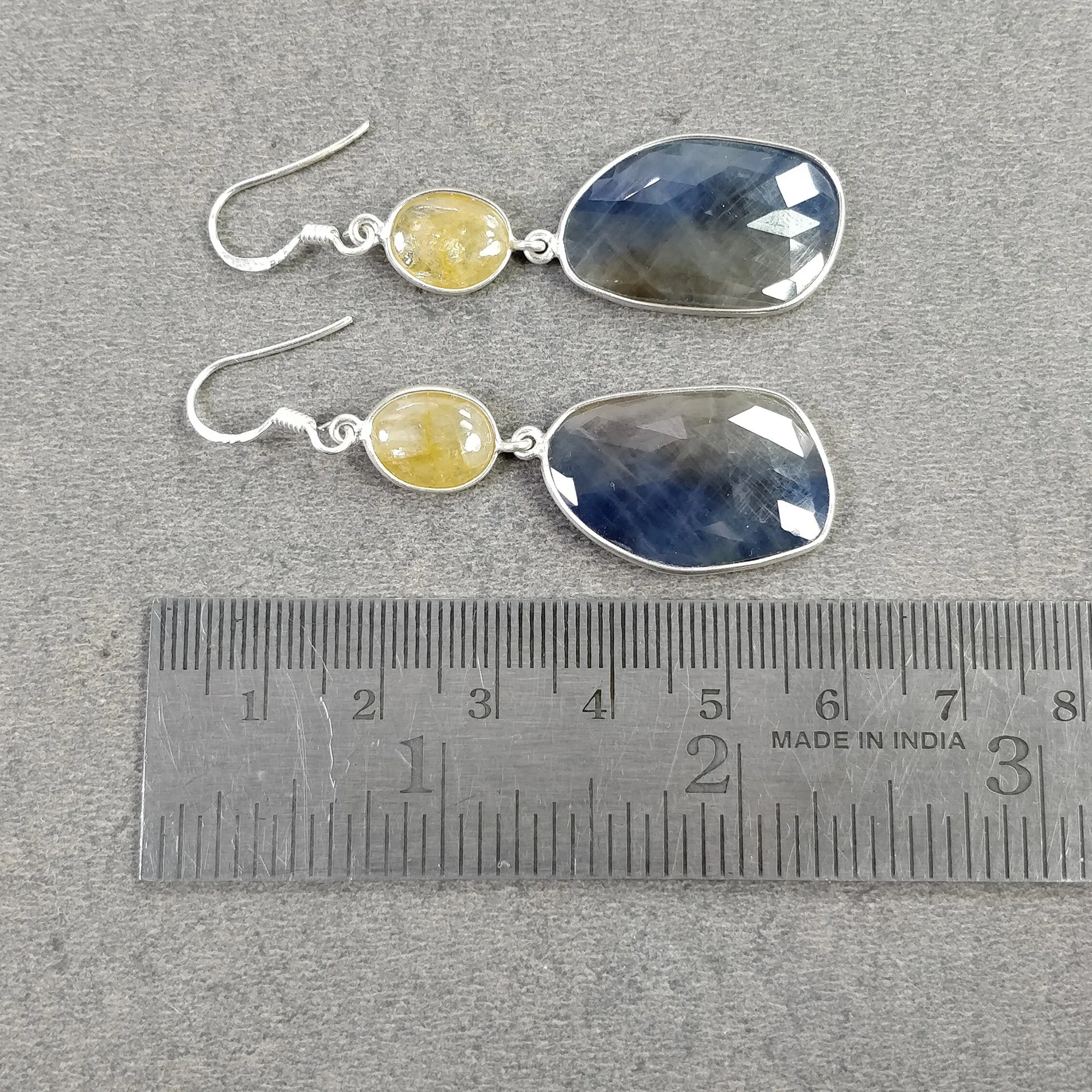 925 Sterling Silver MULTI & BLUE SAPPHIRE Gemstone Earrings : 9.17gms Natural Bezel Set Drop Dangle Hook Earrings 2.35"