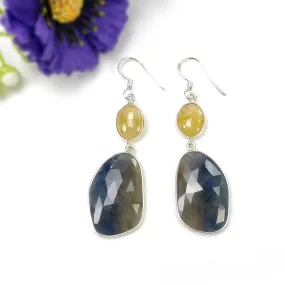 925 Sterling Silver MULTI & BLUE SAPPHIRE Gemstone Earrings : 9.17gms Natural Bezel Set Drop Dangle Hook Earrings 2.35"