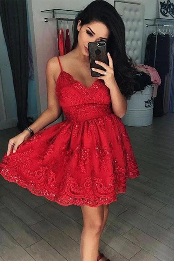 A Line Red V Neck Lace Appliques Spaghetti Straps Beads Short Homecoming Dresses