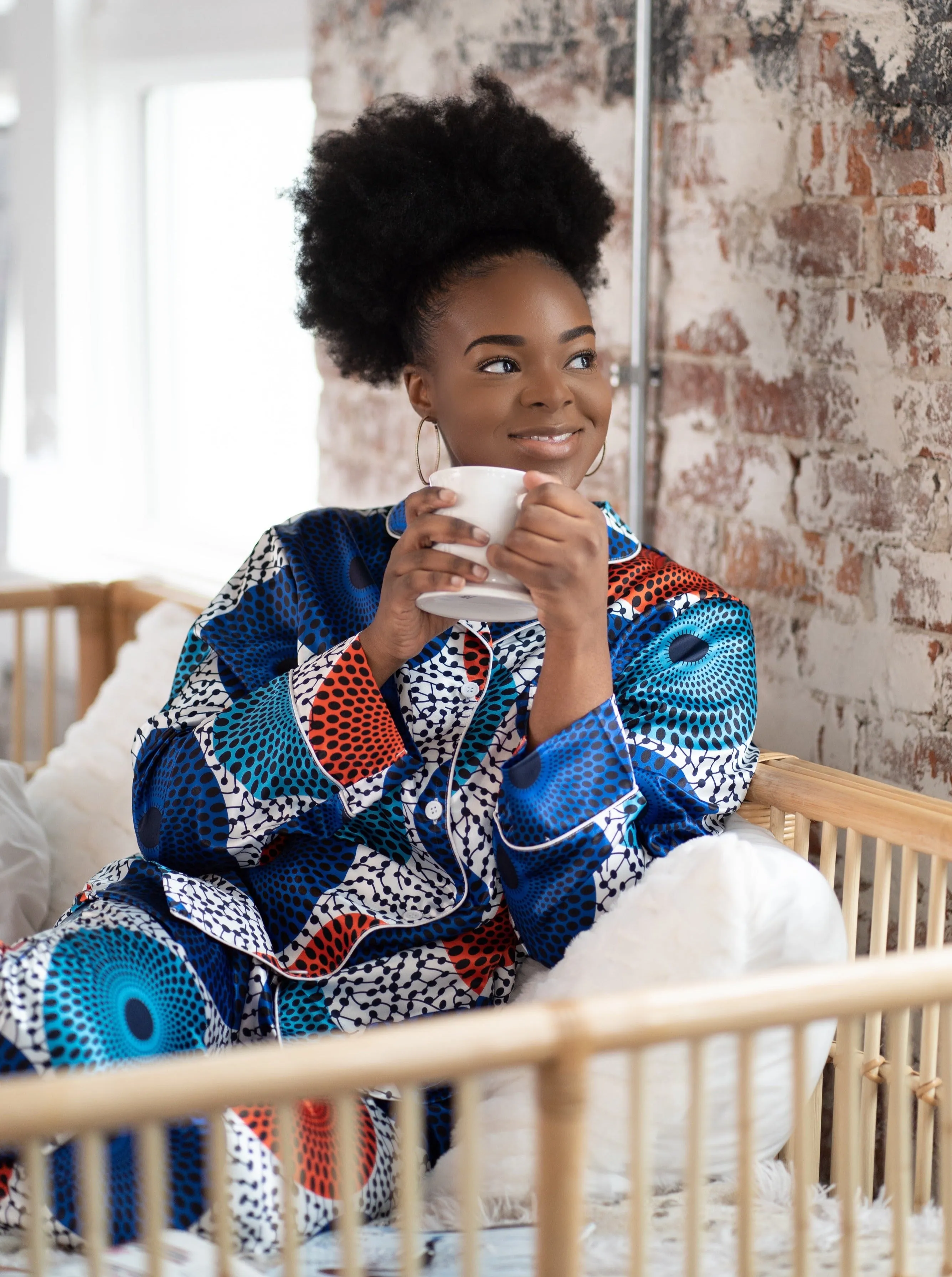 African Print Satin Long Sleeve Pajama Set Blue