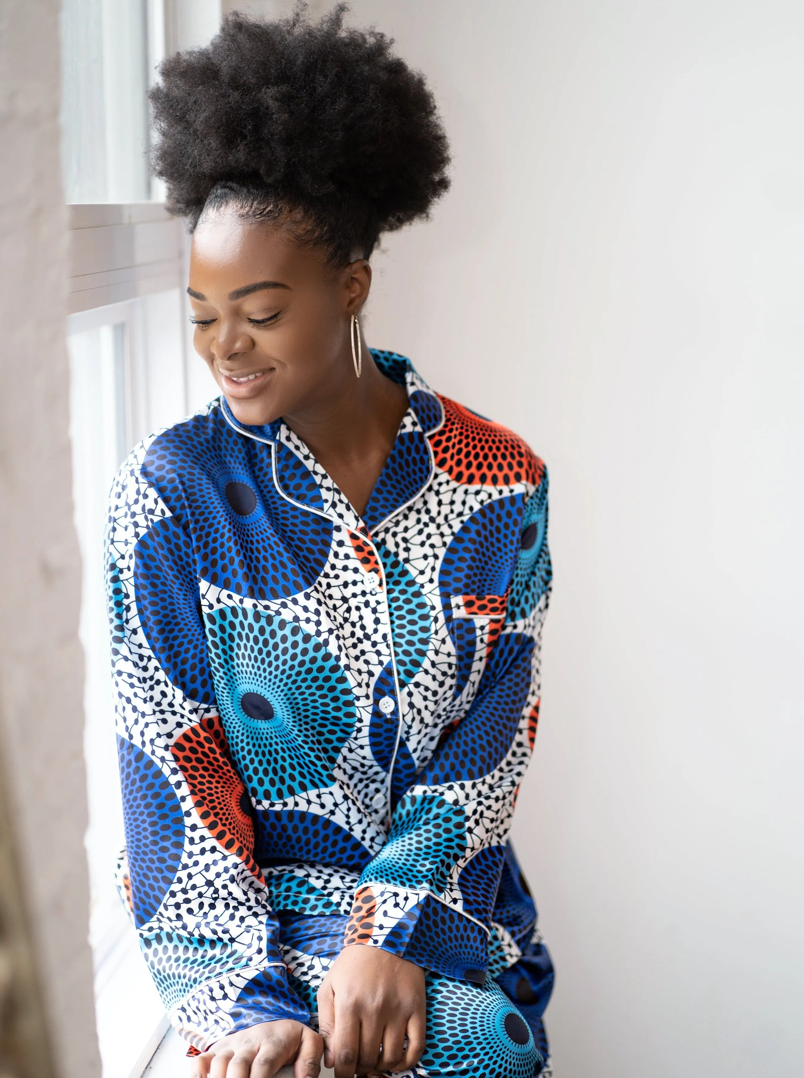 African Print Satin Long Sleeve Pajama Set Blue