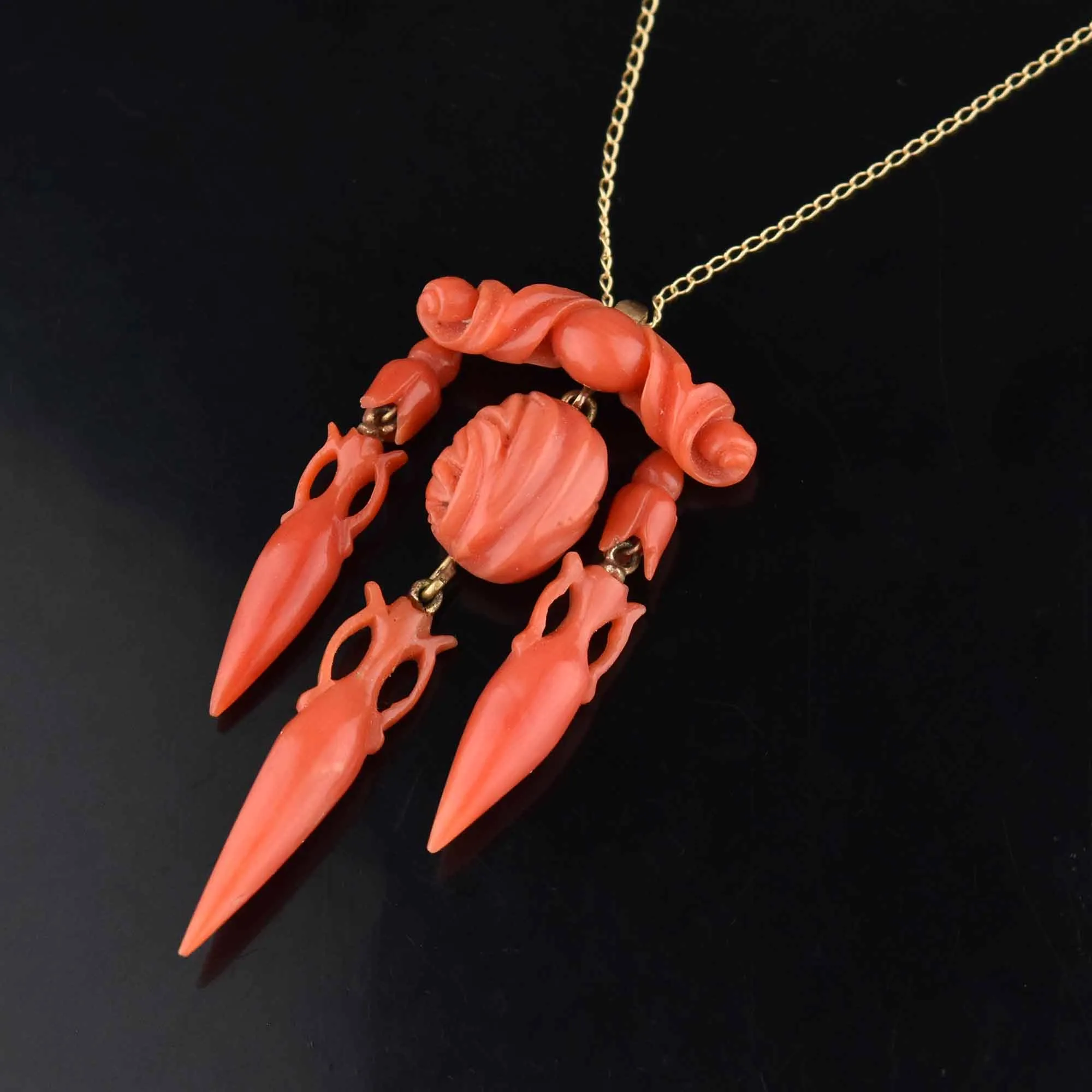 Antique Victorian 14K Gold Amphora Carved Coral Necklace