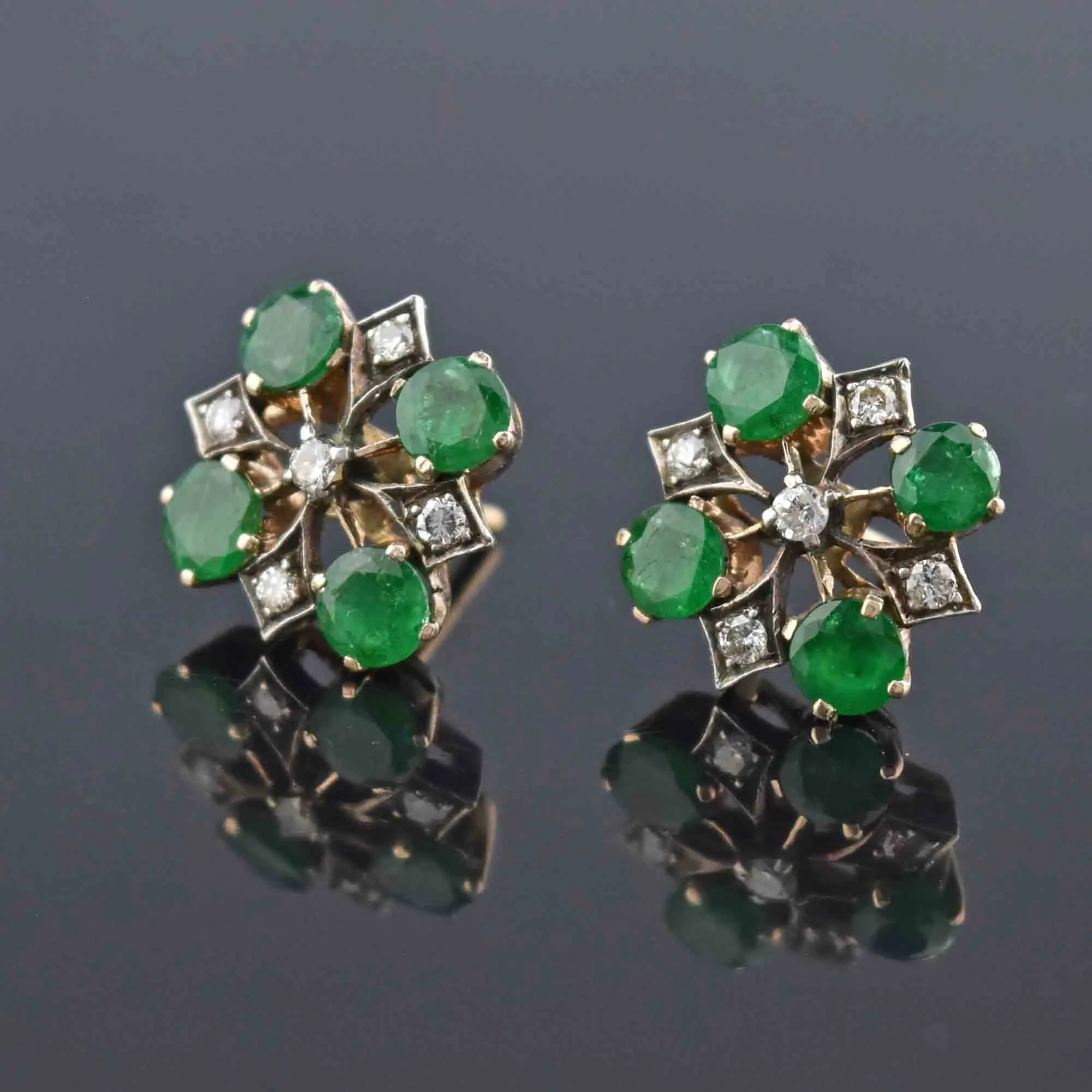 Art Deco Design Emerald & Diamond Stud Earrings