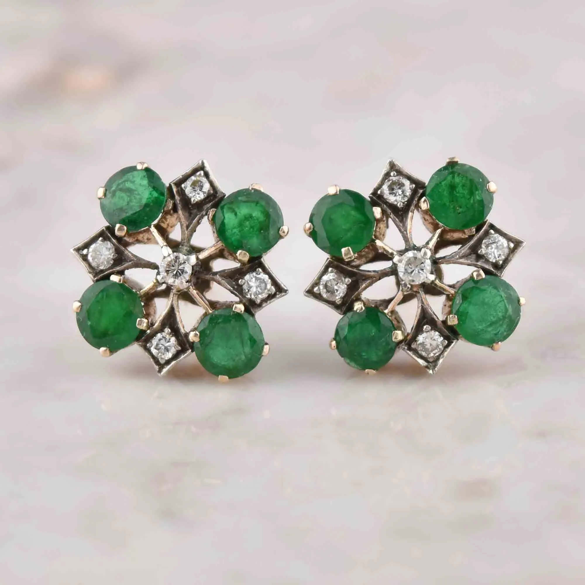 Art Deco Design Emerald & Diamond Stud Earrings