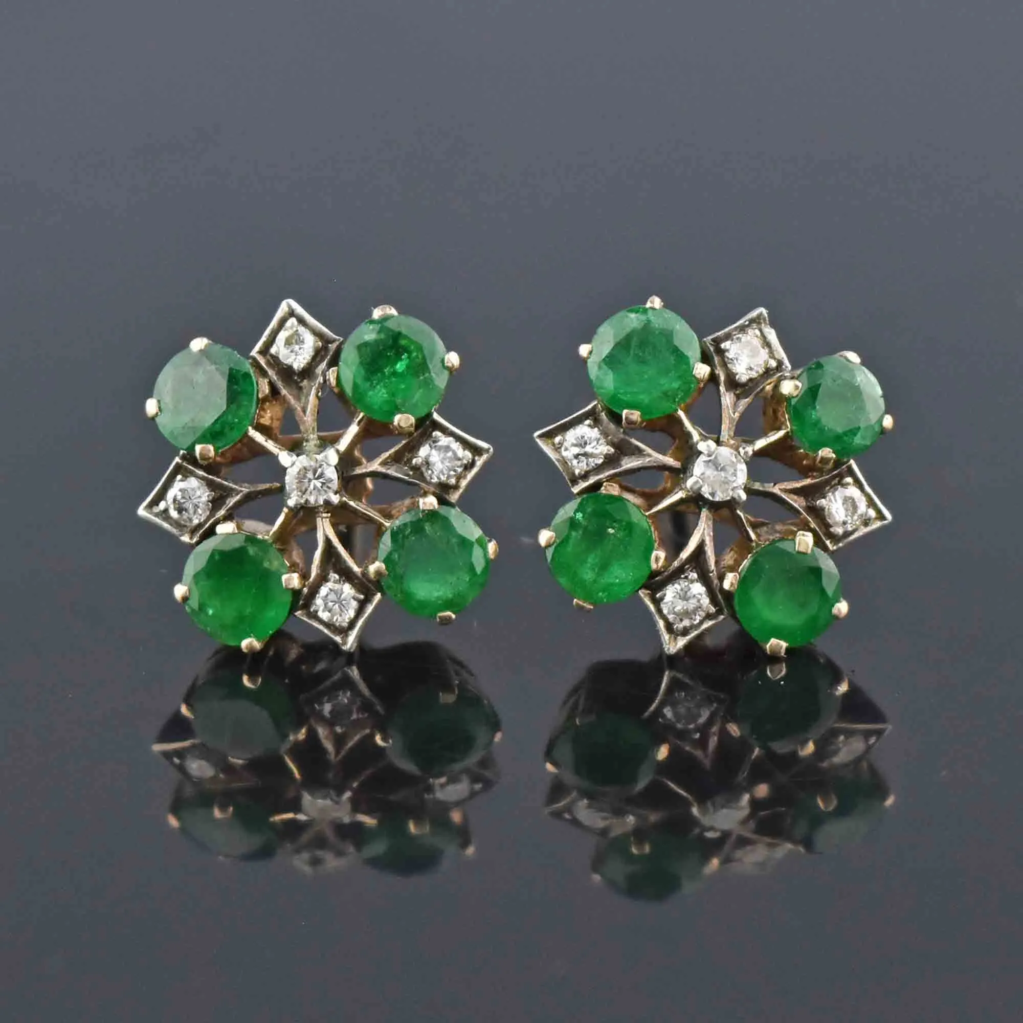 Art Deco Design Emerald & Diamond Stud Earrings