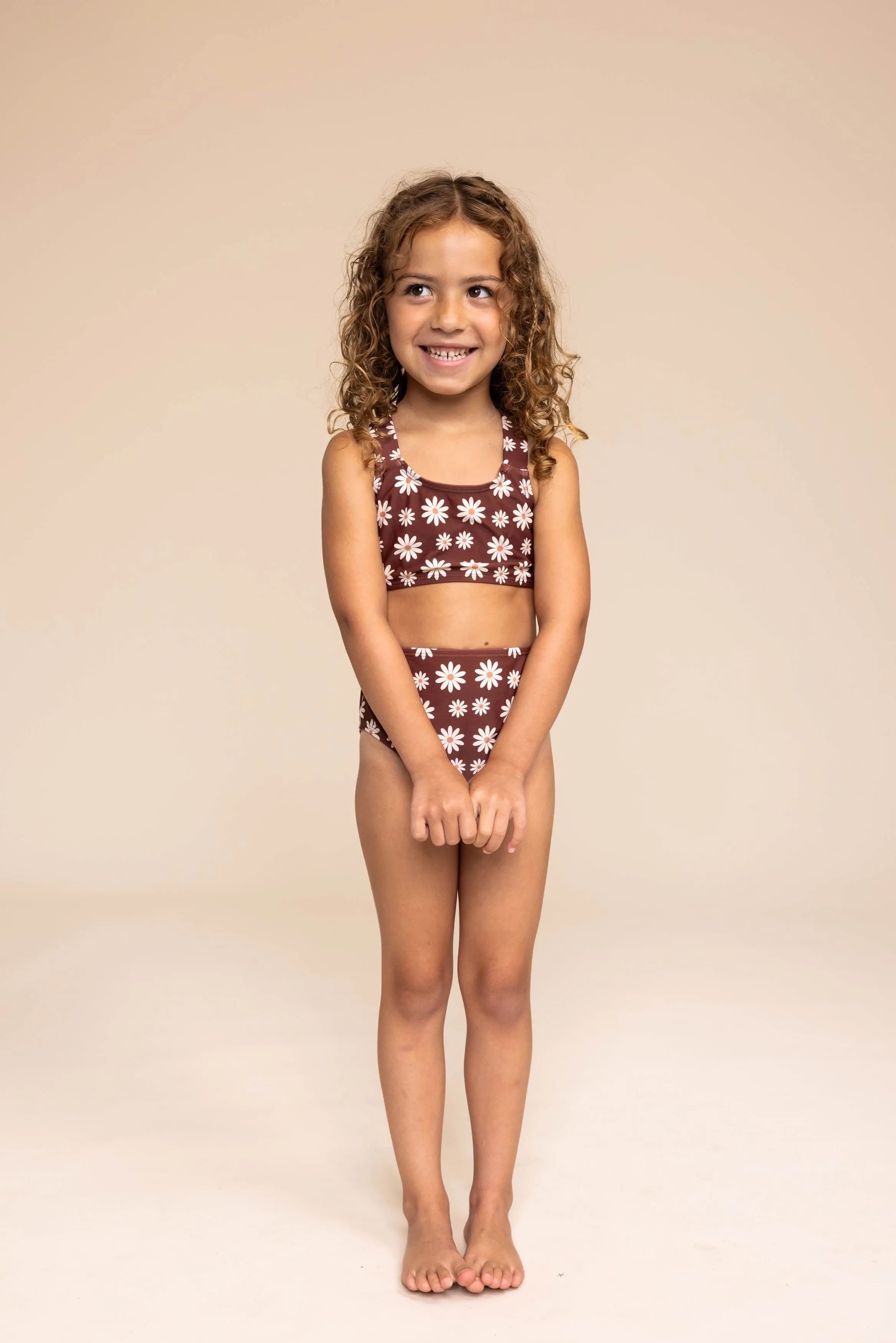 Brown daisy print 2pc swimsuit (size run small, go up 1-2 sizes)