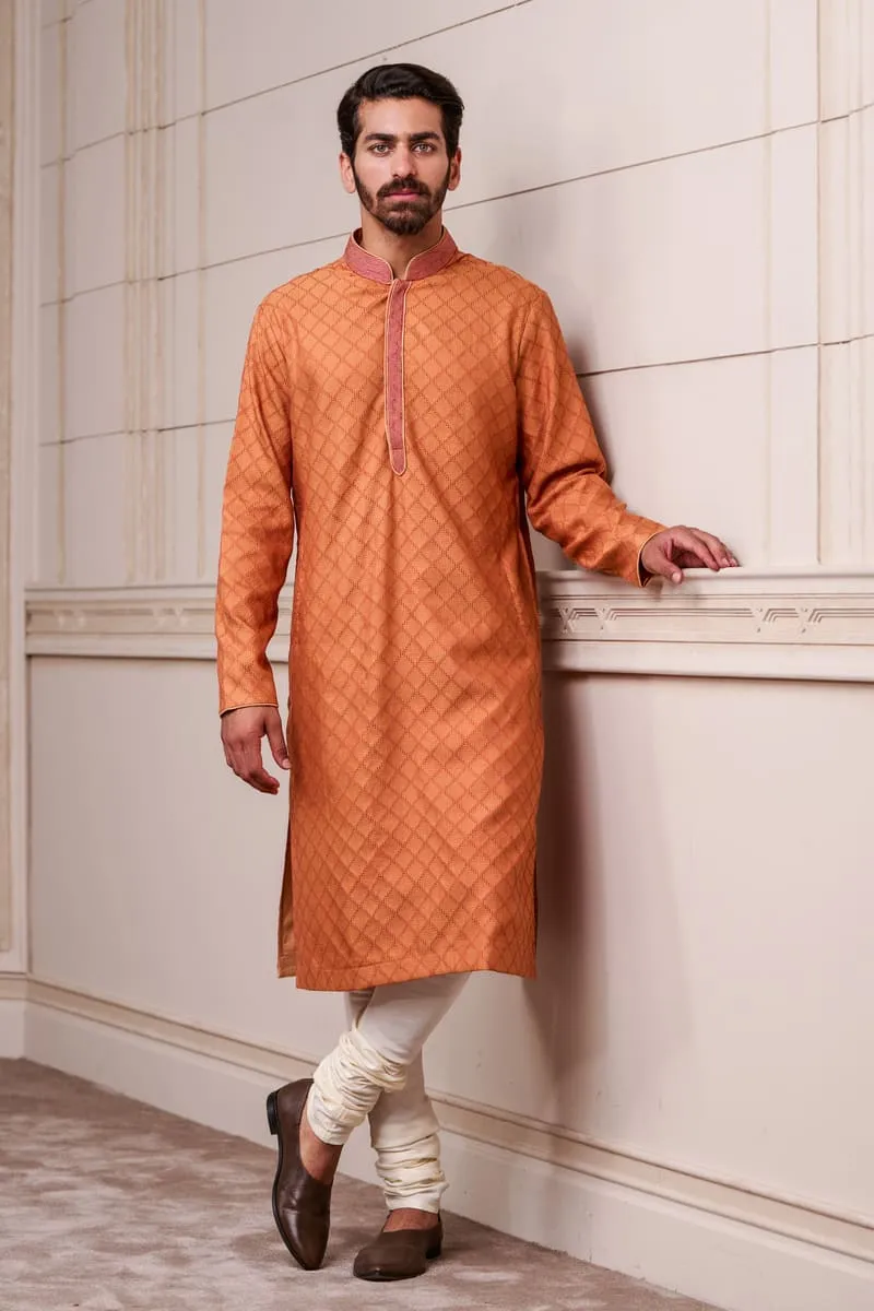 Brown Self Textured Kurta Set