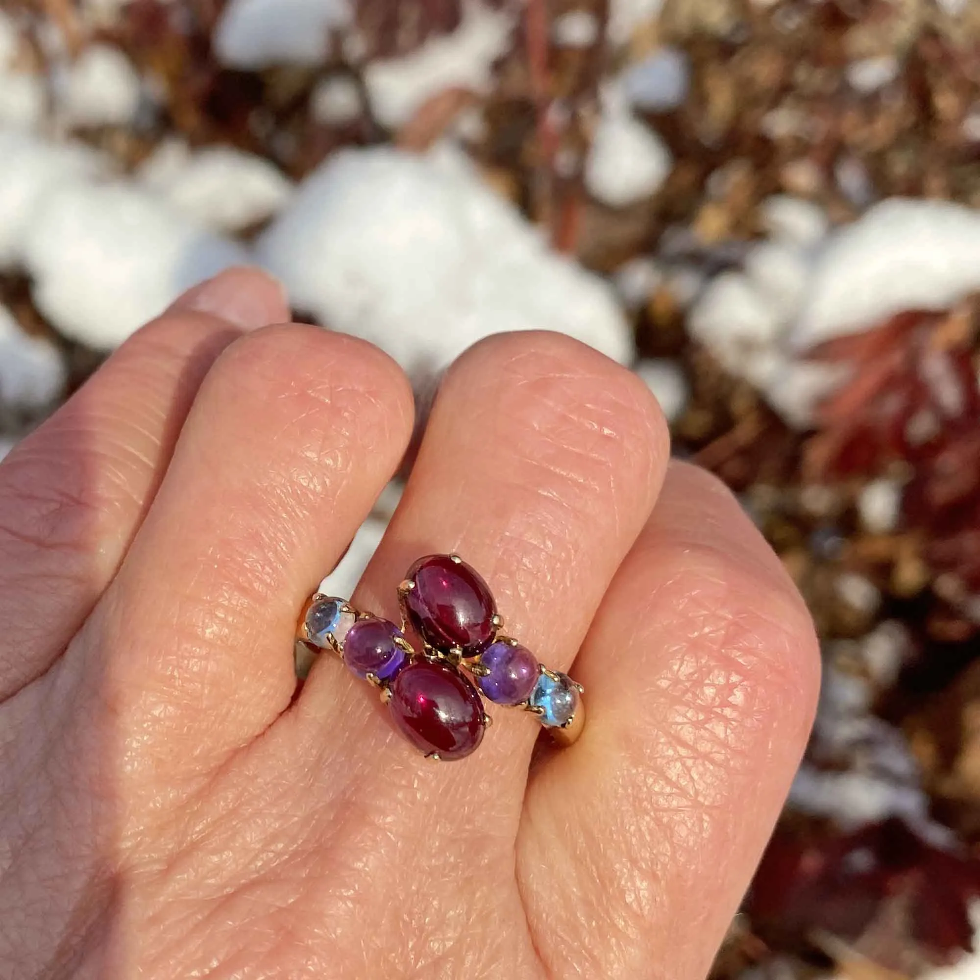 Cabochon Garnet, Amethyst, Blue Topaz Ring in Gold