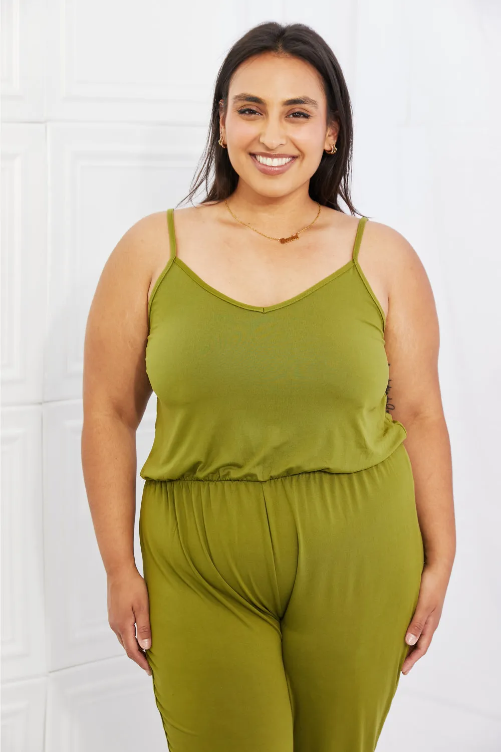 Capella Comfy Casual Plus Size Solid Elastic Waistband Jumpsuit in Chartreuse