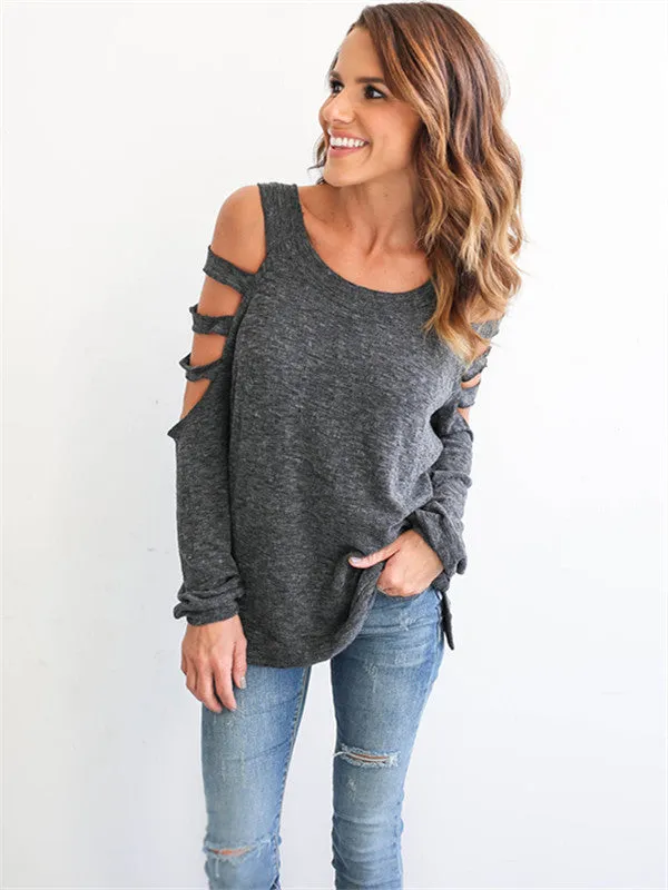 Casual Loose Hollowed Out Shoulder Long Sleeves Shirt