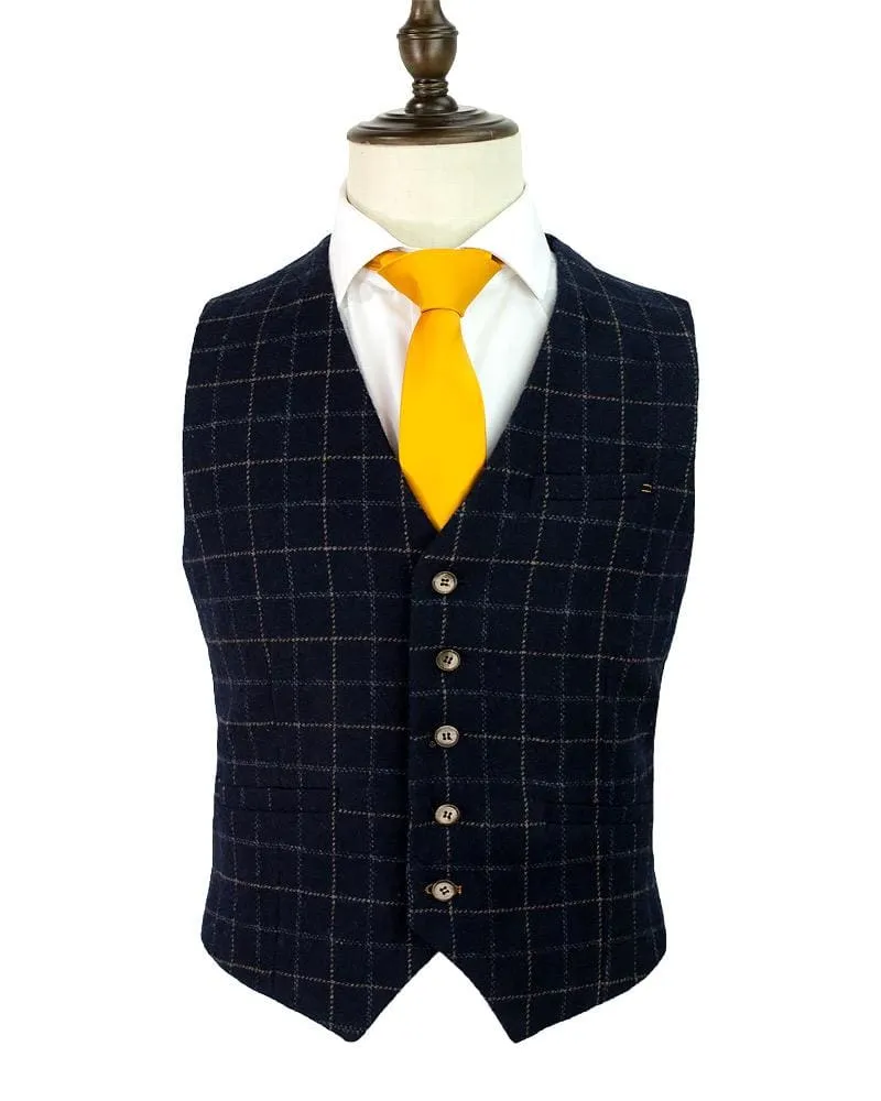 Cavani Shelby Navy Check Tweed Waistcoat