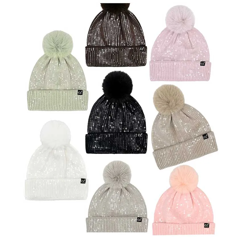 C.C All Over Clear Sequin Pom Beanie