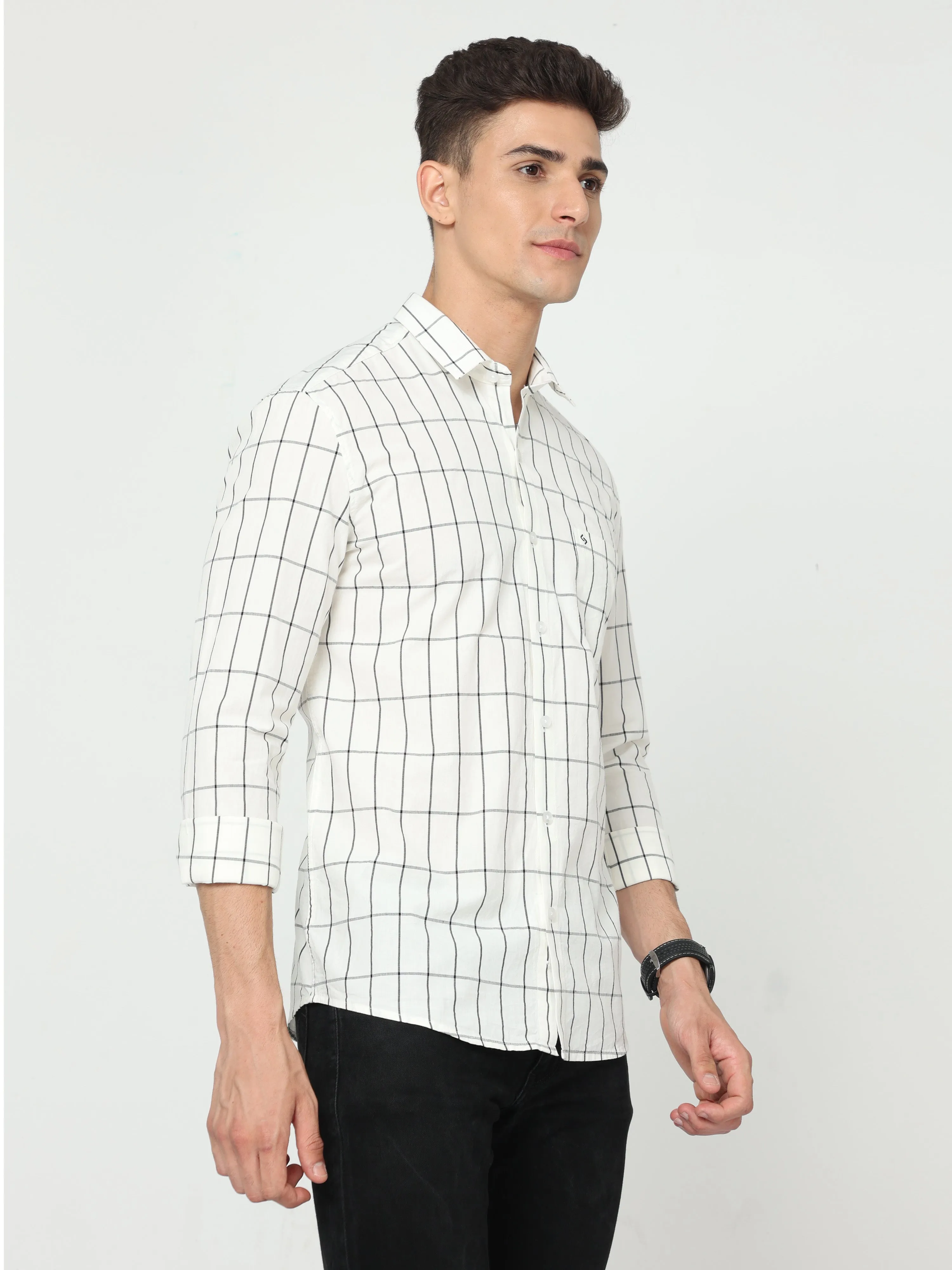 Classic Polo Men's Cotton Full Sleeve Checked Slim Fit Polo Neck Cream Color Woven Shirt | So1-113 A