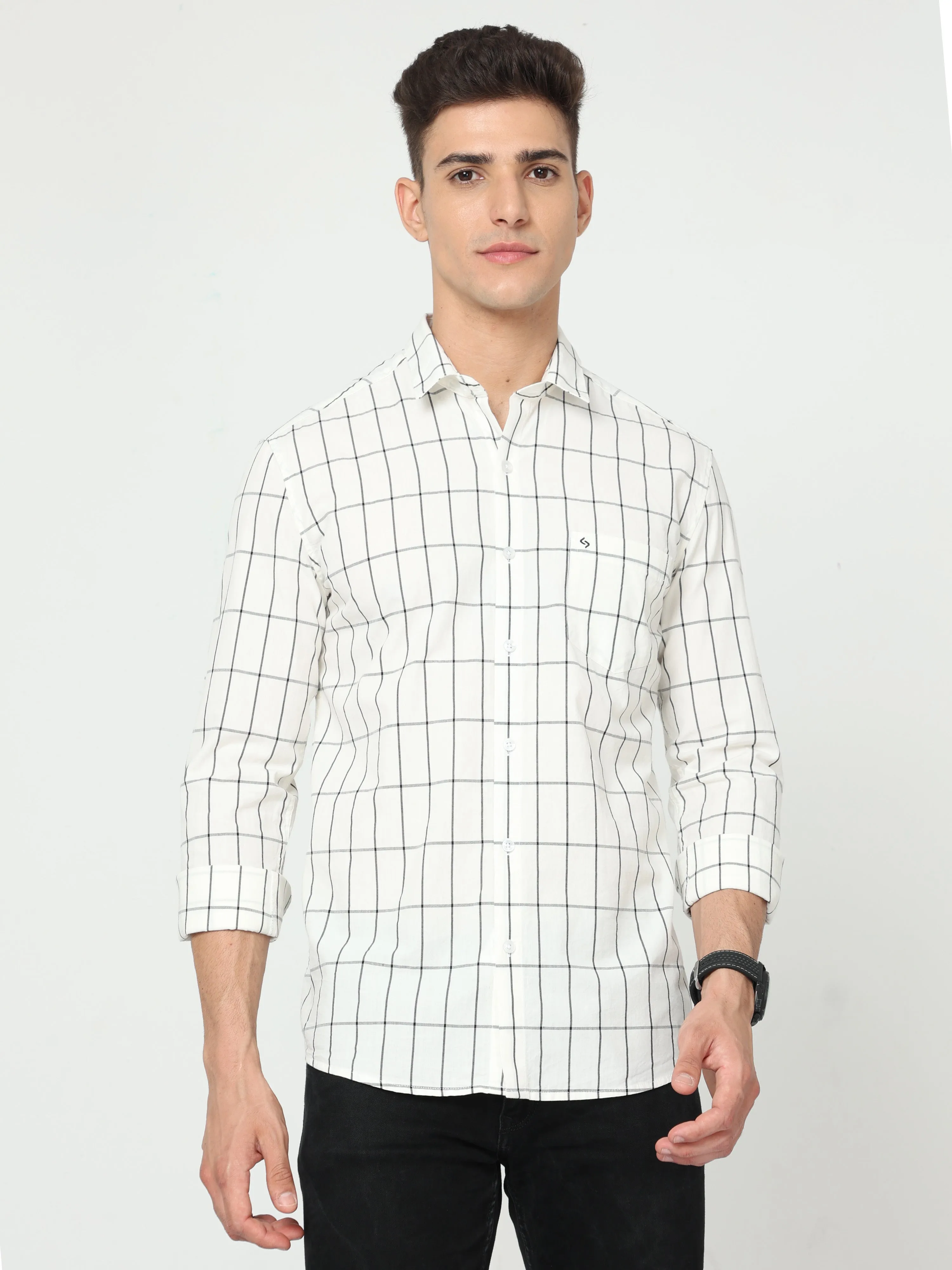 Classic Polo Men's Cotton Full Sleeve Checked Slim Fit Polo Neck Cream Color Woven Shirt | So1-113 A