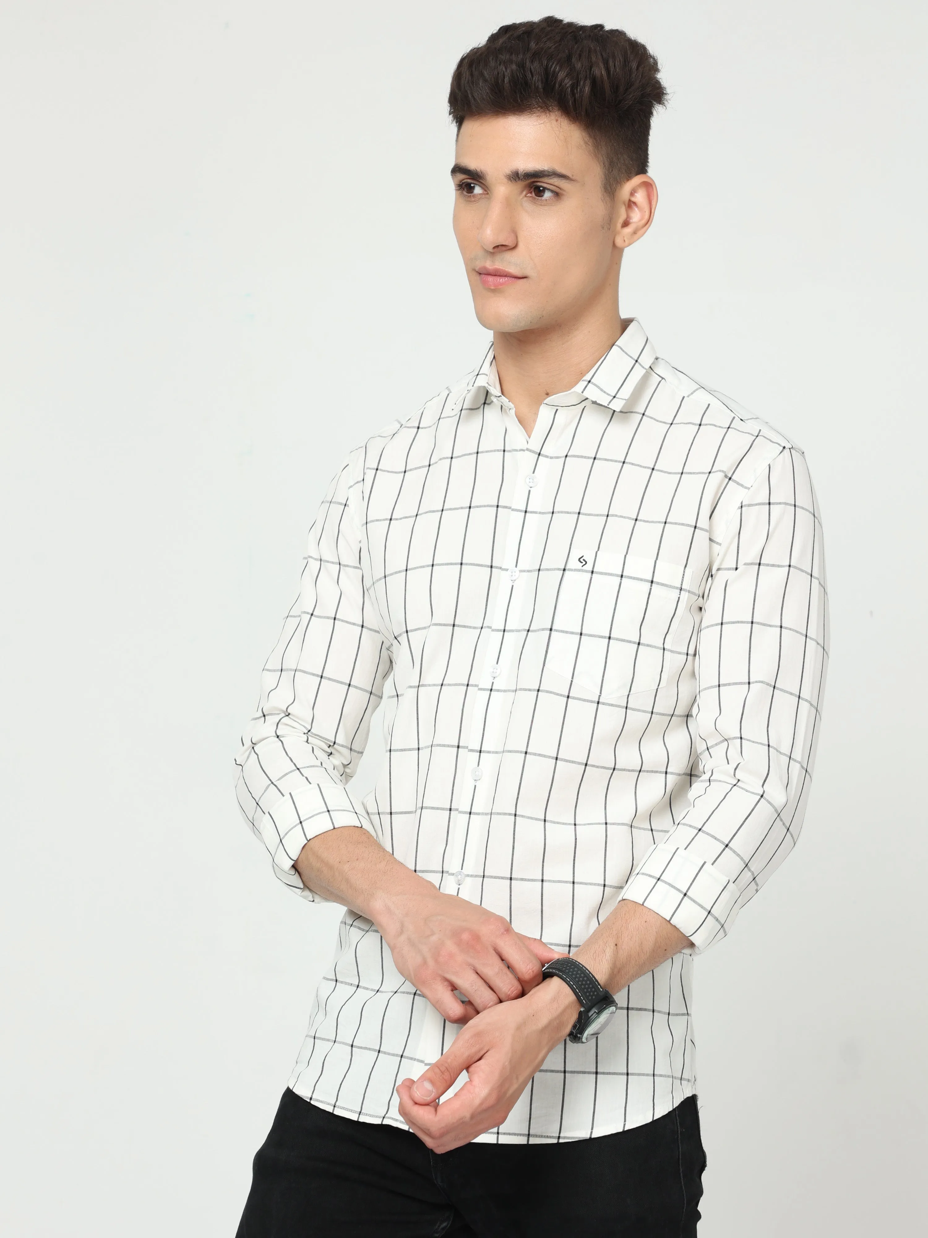 Classic Polo Men's Cotton Full Sleeve Checked Slim Fit Polo Neck Cream Color Woven Shirt | So1-113 A