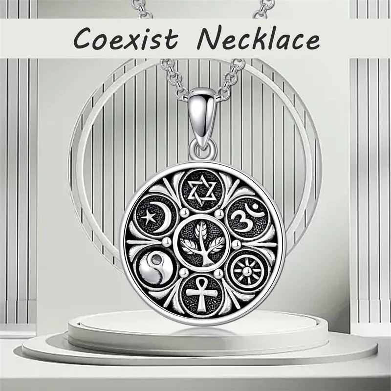 Coexist Harmony Pendant Necklace 925 Sterling Silver Multi Religious Spiritual Necklace for Women Protection Amulet Jewelry