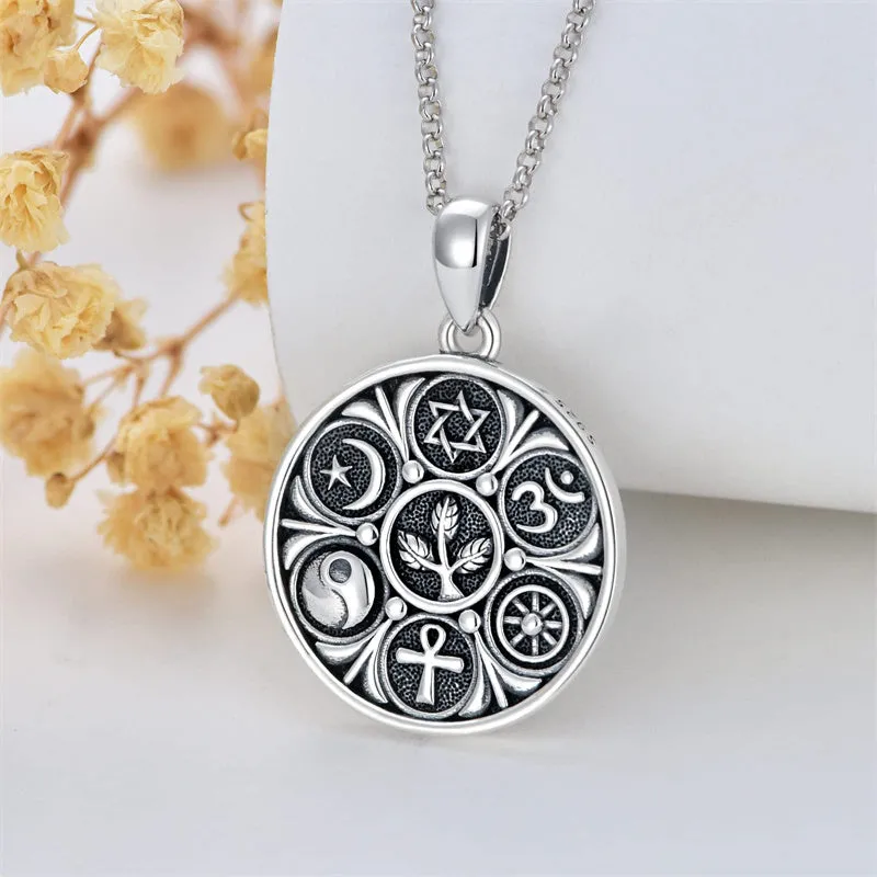 Coexist Harmony Pendant Necklace 925 Sterling Silver Multi Religious Spiritual Necklace for Women Protection Amulet Jewelry