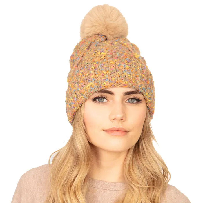 Confetti Cable Knit Pom Pom Beanie Hat