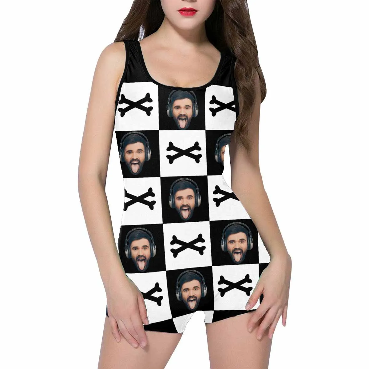 Custom Face Crossbones Black and White Women's One Piece Boyleg Swimsuit