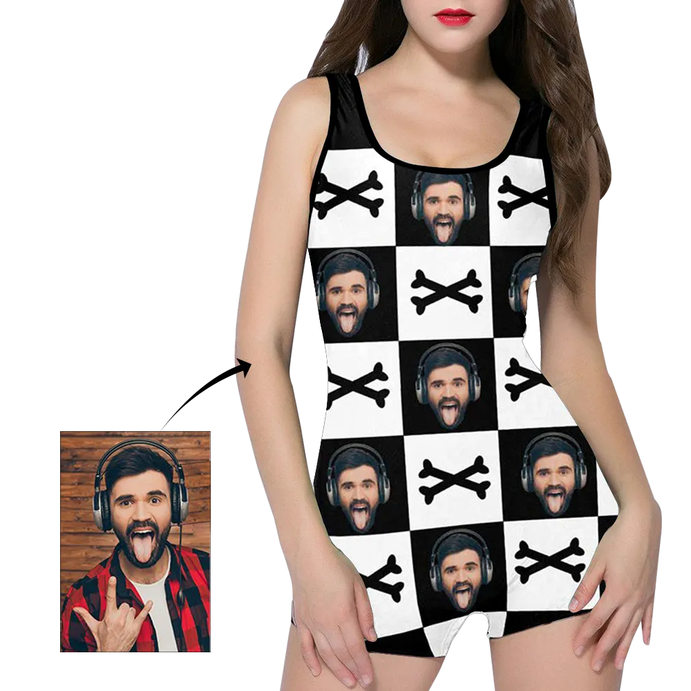 Custom Face Crossbones Black and White Women's One Piece Boyleg Swimsuit