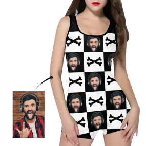 Custom Face Crossbones Black and White Women's One Piece Boyleg Swimsuit