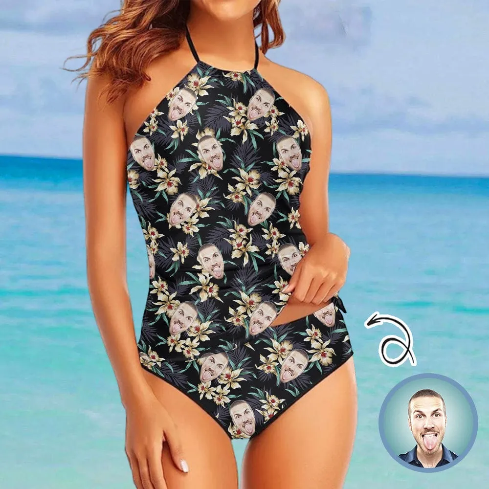 Custom Face Lily Flower Womens Sexy Halter Tummy Control Swimsuit Tankini Top Sets Fashion Two Piece Bathing Suit with Tie Side