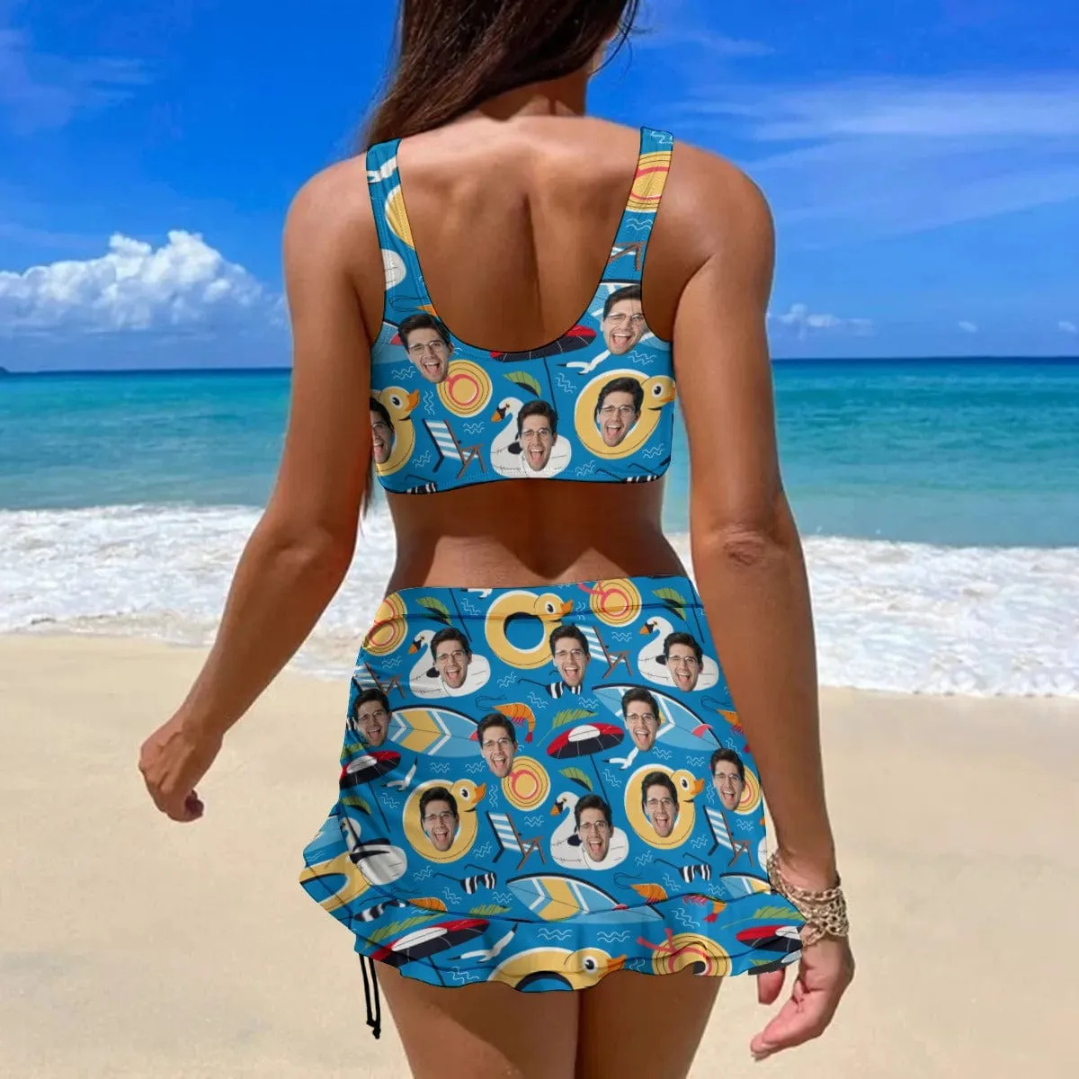 Custom Face Swimming Ring Bikini Set Personalized Drawstring Chest Strap Bikini Skirt