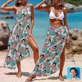 Custom Face Tropical Flowers Leaves Women's Long Cover Up Skirt With Slit Swimsuit Beach Wrap