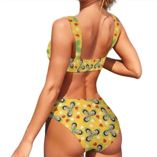 Custom Face Yellow Color Strawberry Bikini Personalized Women's Wide Shoulder Straps High Waist Bikini Set