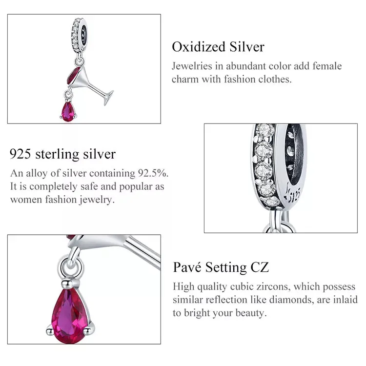 Dangling Red Wine Pandora Style Charm,Sterling Silver