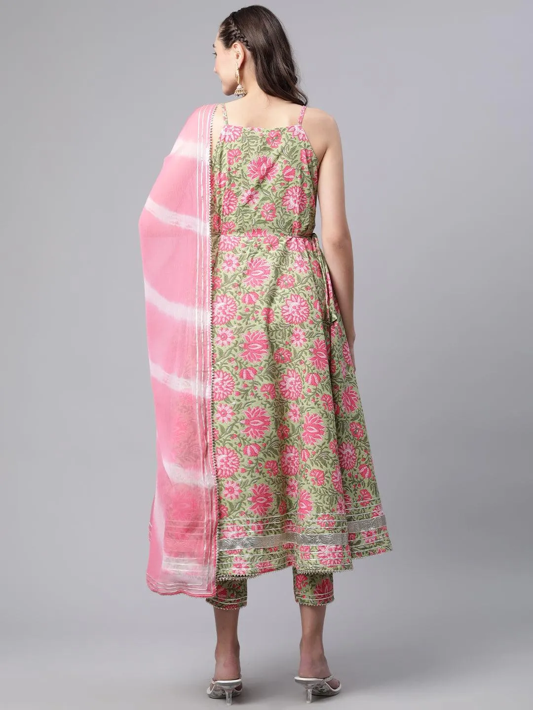 Divena Green Floral Printed Anarkali Kurta Pant Set with Dupatta