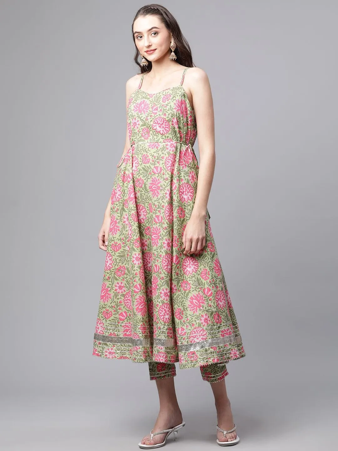 Divena Green Floral Printed Anarkali Kurta Pant Set with Dupatta