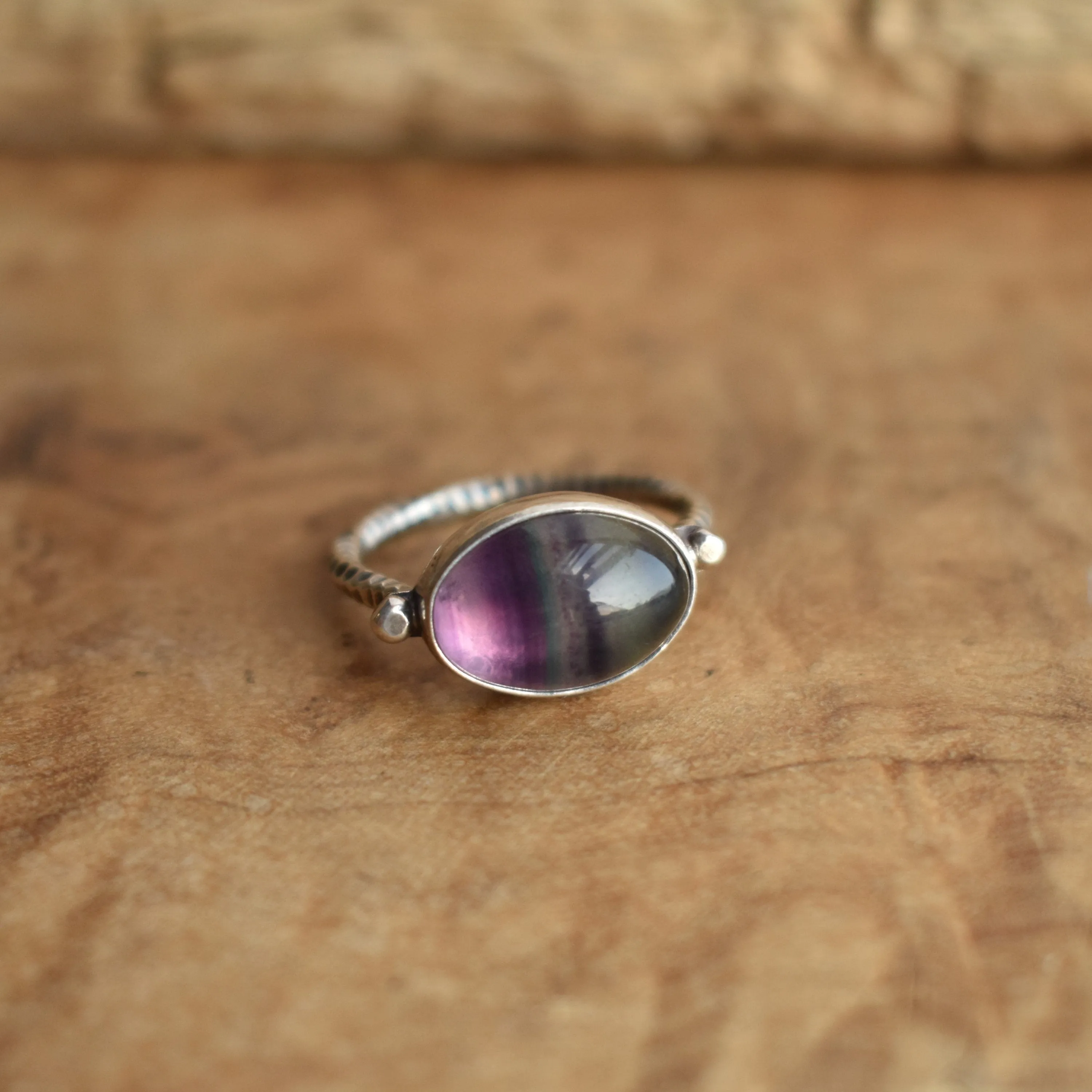 East West Oval Ring - Rainbow Fluorite Ring - .925 Sterling Silver - Silversmith Ring