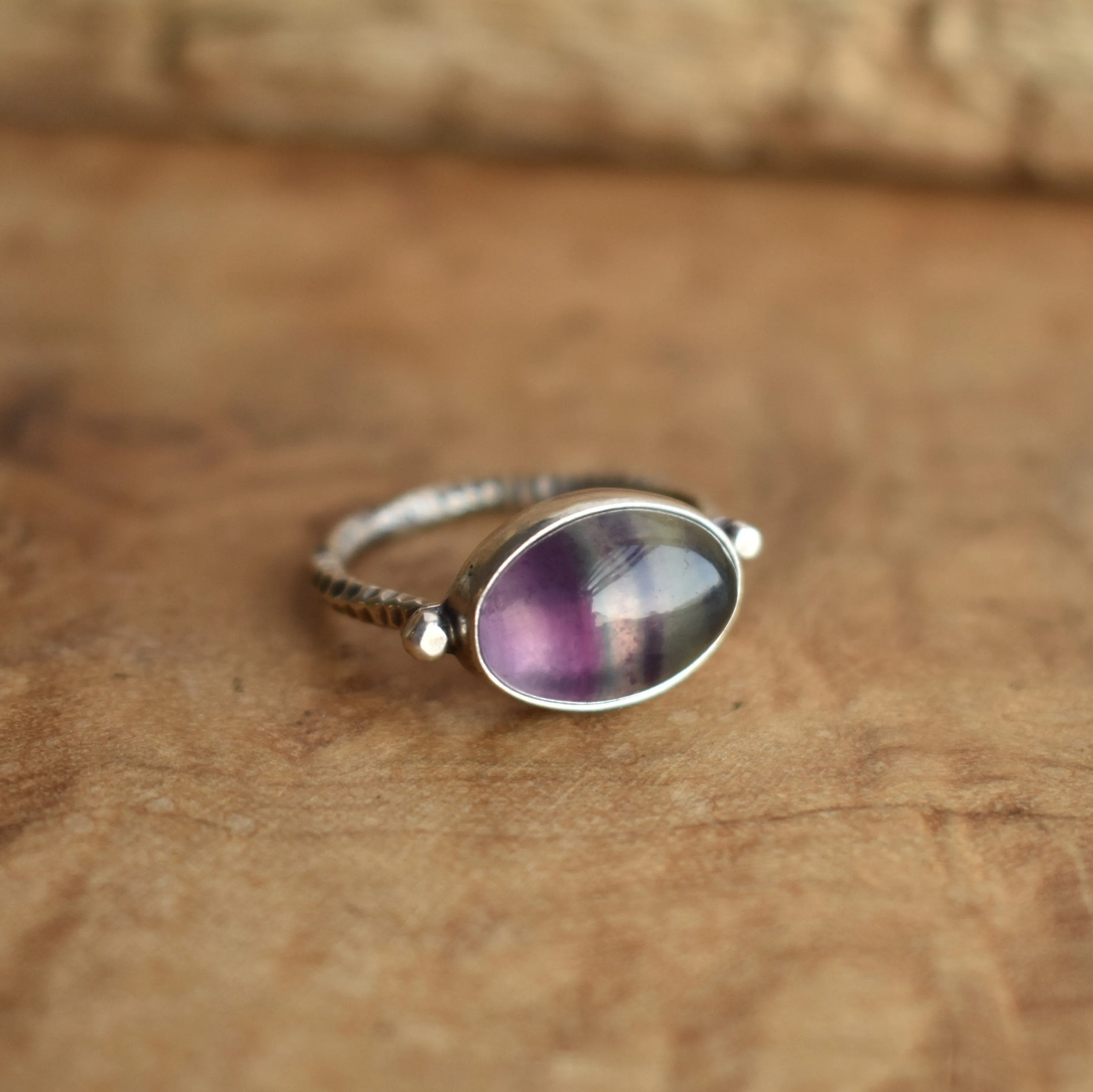 East West Oval Ring - Rainbow Fluorite Ring - .925 Sterling Silver - Silversmith Ring