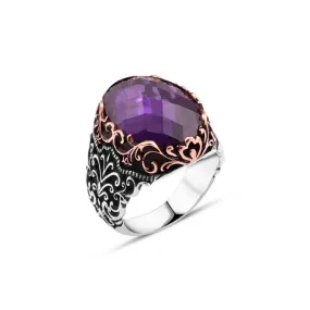 Ellipse Facet Cut Amethyst Stone Silver Men's Ring with Wavy Pattern Around