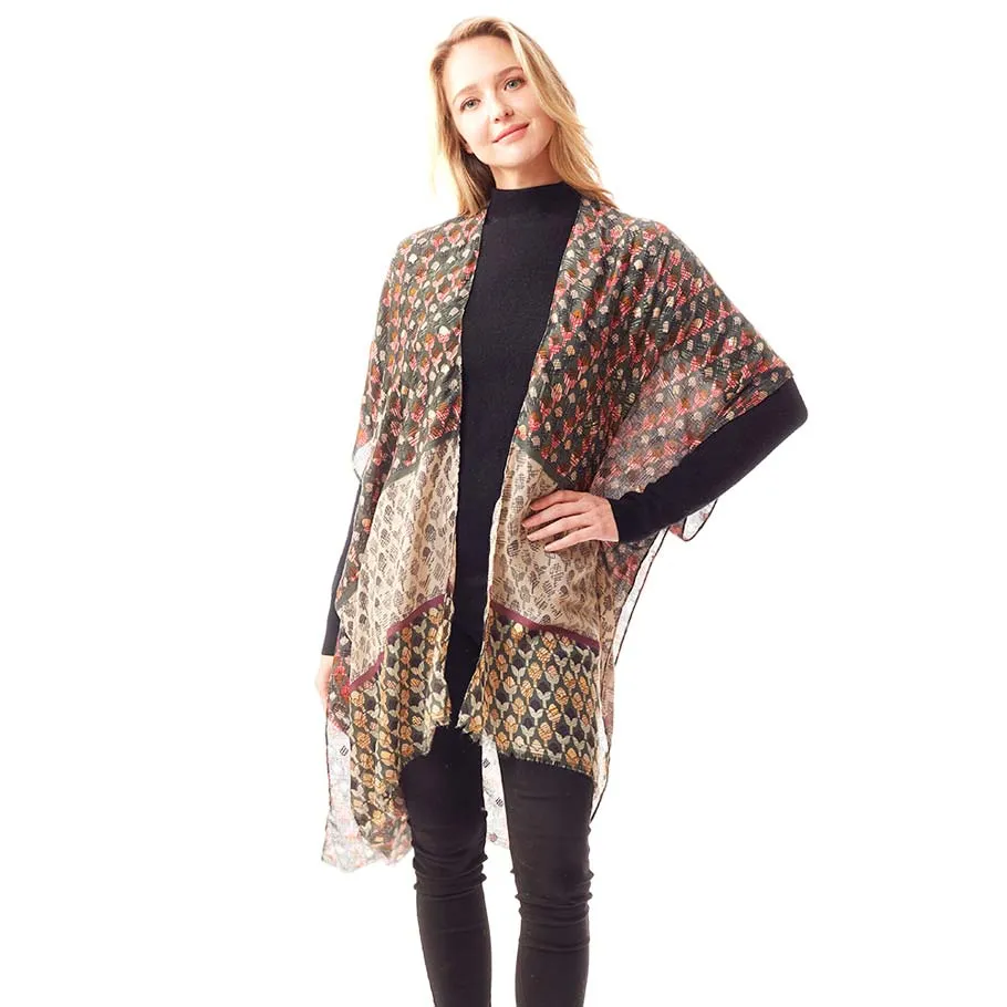 Geometric Border Printed Gold Foil Accented Ruana Poncho