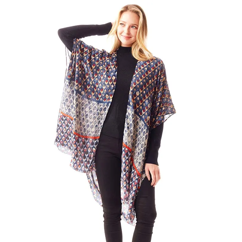 Geometric Border Printed Gold Foil Accented Ruana Poncho